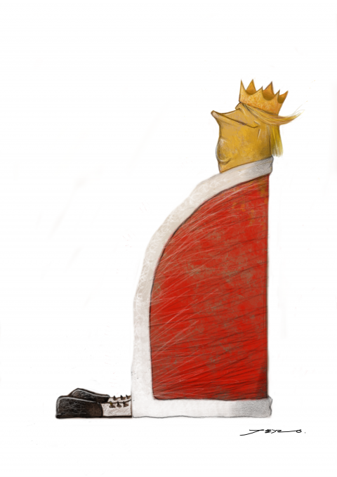 Caricature of Donald Trump, showing him in a king's mantle and wearing a crown, but with large clown shoes sticking out underneath.