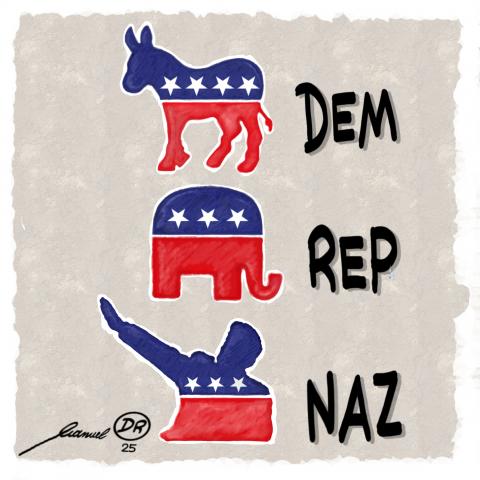 Cartoon showing the logos of US political parties: A red/blue outline of a donkey with white stars in it with the letters 'DEM' next to it, A red/blue outline of an elephant with white stars in it with the letters 'REP' next to it, and A red/blue outline of Elon Musk giving a Nazi salute with white stars in it with the letters 'NAZ' next to it.