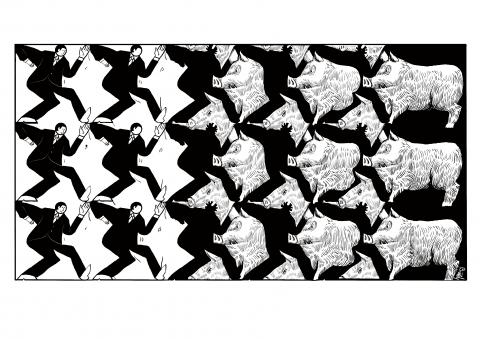 Cartoon showing an Escher-like patter of dancing men slowly transforming into pigs.