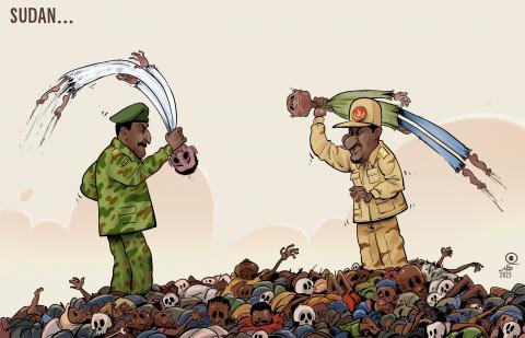 Cartoon showing two Sudanese rival generals (from the RSF and the Sudanese army) standing on a pile of corpses and each holding the emaciated body of a Sundanese civilian using it as a club to beat each other.