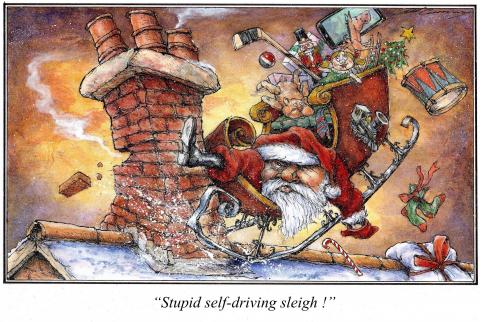 Santa Claus crashes self-driving sleigh into chimney.