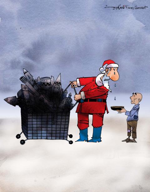 Cartoon showing Santa Claus pushing a shopping cart full of weapons, bombs and missiles, while turning his head and dropping tears onto the empty plate of a small, hungry boy.