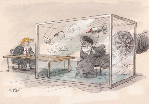 A political cartoon showing a Trump seated calmly at a desk, facing a bearded cleric ( Khamenei ) trapped inside a transparent box where strong fans blow papers, clothing, and a missile around him, making real conversation impossible.