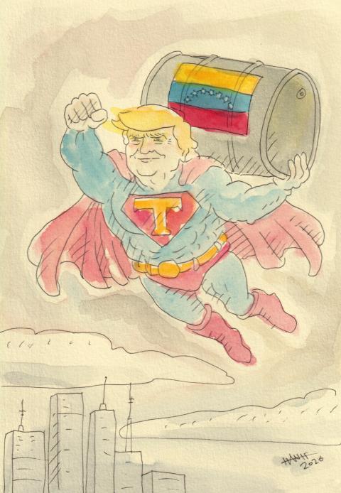 A cartoon of Donald Trump as a Superman like figure flying above a city, carrying an oil barrel marked with the Venezuelan flag
