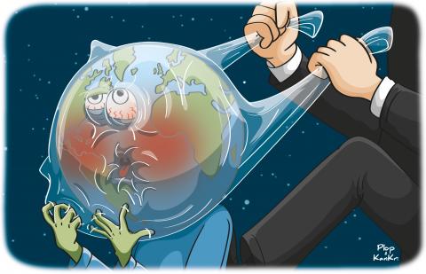Cartoon showing two hands holding a plastic bag over the earth. The earth has a face with an anguished expression, as it is being choked by the plastic bag.