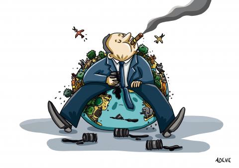 Cartoon showing a large man in a suit smoking a cigar while using the earth as a bean bag, crushing wildlife and nature.