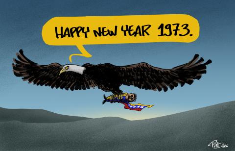 The American Eagle fying back home, holding Nicolas Maduro in his claws, saying "Happy New Year 1989"