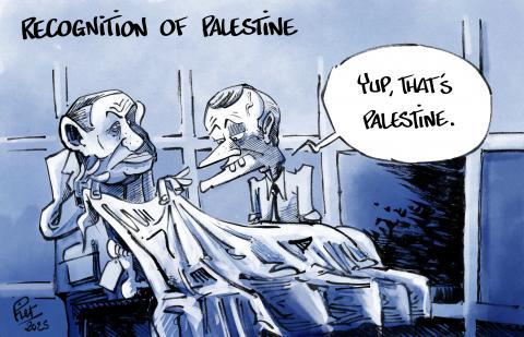 In the Mortuary, Benjamin Netanyahu unveils a dead body. Emmanuel Macron says : "Yep, that's Palestine".