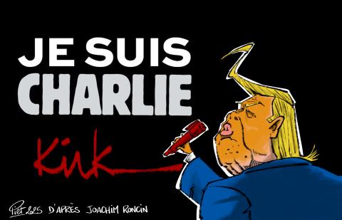 Donald Trump writing "Kirk" under the slogan "Je suis Charlie"