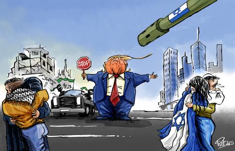 Trump standing in the middle of a street with a "STOP" lollipop sign. A Hamas pick-up and an Israeli tank are stopped, while a Palestinian and an Israeli finally recover their freedom and meet their relatives