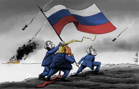 US President Donald Trump, Vice President JD Vance and US negociator Steve Witkoff, raising the Russian flag while an Ukrainian church is being bombed in the background. The cartoon imitates a famous picture of US soldiers raising uthe American Flag on the Iwo Jima Island. 