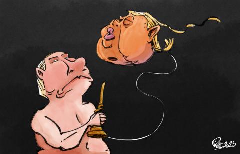 Putin playing cup-and-ball with Trump's head.