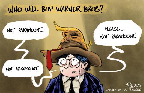 The cartoon is entitled "Who will buy Warner Bros ?" The young Harry Potter is wearing a Trump look-alike sorting hat on his head and says "Not Paramount. Not Paramount. Please... Not Paramount."