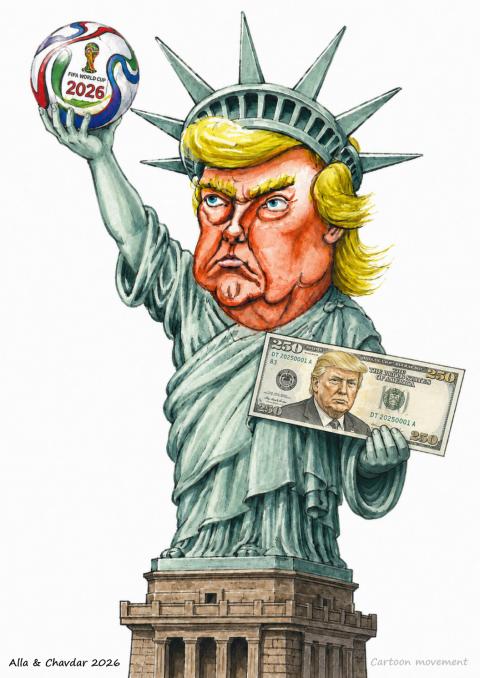 Trump is depicted as the Statue of Liberty holding a soccer ball and a $250 bill bearing his likeness