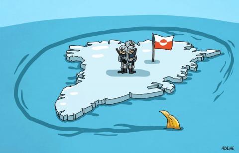 Cartoon showing Greenland with three soldiers on it, who are looking wearily at a shark fin that is protruding from the water and swimming circles around Greenland. The stark fin is yellow and resembles Donald Trump’s hair.