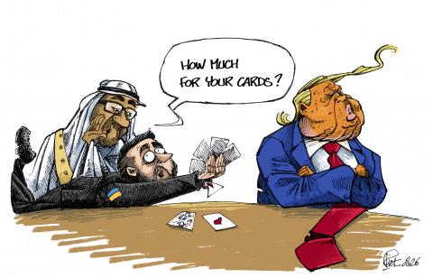 Ukrainian President Volodymyr Zelensky with a very good hand of cards, reaching them out to Donald Trump. As this one rebuffs him, The Emirati Cheikh Mohamed bin Zayed stands behind Zelensky "How much for the cards ?"