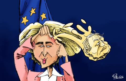 EU Commission President Ursula Von der Leyen removing a big and juicy pimple. This one strangely looks like Viktor ORban.