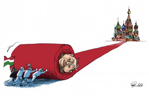 Hungarian people pushing defeated Prime Minister Viktor Orban to the Kremlin. He is wrapped in a red carpet.