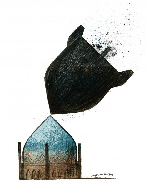 Cartoon showing an hourglass. The bottom half of the hourglass forms the dome of an historic mosque, while the top half is shaped like a bomb, dropping onto the mosque.