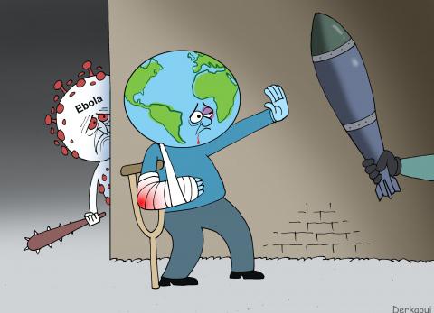 Cartoon showing a person with a head in the shape of the word. He has a bandaged arm and walking on crutches, while trying to fend off an arm wielding a missile. Behind him, a large virus-shaped person labeled 'Ebola' is also wielding a club.
