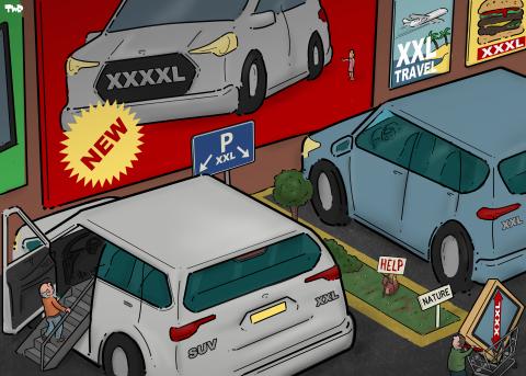 Cartoon showing giant SUVs parked in extra large parking lots, while the space in between is reserved for a tiny bit of nature. A squirrel sits in the tiny plot, which  has a sign that says ‘nature’; the squirrel is carrying a sign that says ‘Help’. In the background we see a giant billboard advertising an even larger SUV.