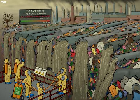 Cartoon showing people in yellow protective suits standing on a viewing platform looking at a giant waterfall that's formed by many large drain pipes coming from smoking factories in the distance, spewing large amounts of brown water. A sign on top of the 'waterfall' reads 'backside of the world economy' with a counter displaying a very large number with a label that reads 'tons of trash' and another gauge that indicates very heavy pollution.