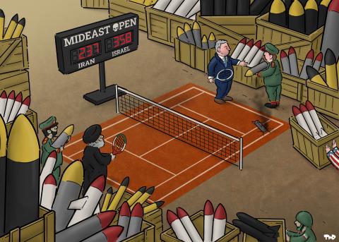 A cartoon shows Iranian and Israeli leaders playing tennis on a court surrounded by crates of missiles, using rackets and a missile as the ball. The scoreboard reads Mideast Open, with Iran at 231 and Israel at 358.