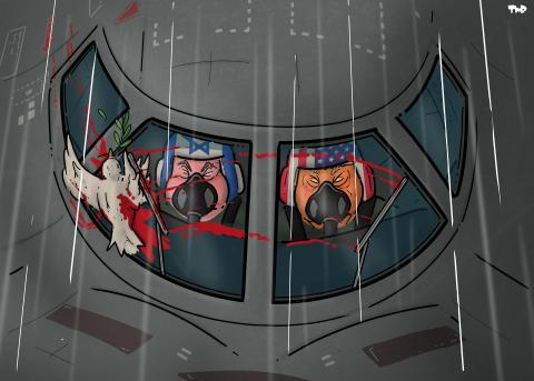 Cartoon showing Netanyahu and Trump as pilots of a B2 bomber. The dove of peace has collided with the windshield and wipers are wiping the crushed dove and the blood away while the bomber speeds on.