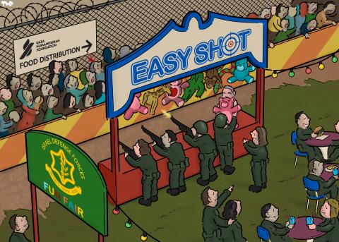 A cartoon depicting a fairground. The entrance has a sign that has the logo of the Israel Defense Forces and the text 'Fun Fair'. The main attraction is a shooting gallery with Israeli soldiers shooting at a line of Palestinians waiting for food.