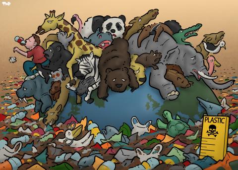 Cartoon showing the earth as an island in a sea of (plastic) waste. Animals are piled on top of each other on the island to escape from drowning in the plastic ocean. A human also sits on the island, on top of one of the animals, drink from a plastic coke bottle and casually throwing a plastic wrapper in the sea of waste.