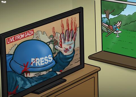 Cartoon showing a TV. A journalist is on the screen pressing a bloody hand against the inside of the glass, while behind him we see an Israeli soldier amid the ruins of Gaza. Through a window next to the TV, we see the earth lounging in the garden.