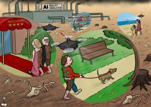 Cartoon showing a desert wasteland filled with the bones of dead animals. In the background a big industrial complex is labeled 'AI reality simulator' In the foreground people are happily talking around through the wasteland while drones fly above them and project a fake reality (of a park, beach, or fancy restaurant) to envelop them.