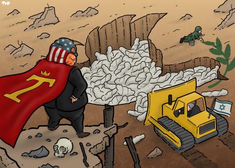 Cartoon showing Donald Trump in a superhero costume standing in a heroic pose with his arms in his sides and his cape billowing in the wind. He is standing on a ruined building, looking out over a giant pit in the shape of the dove of peace that is being filled with bodies wrapped in white sheets by a bulldozer with an Israeli flag. A soldier is painting the olive branch next to the dove-shaped hole.