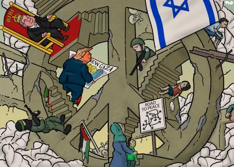 Cartoon showing a large peace sign in an Escher-like setting, with multiple perspectives and stairs going off into different directions. On the different stairs and floors we see Netanyahu on a golden throne, Trump looking at plans for New Gaza (with Trump towers and a golden state of himself, Hamas and hungry children. Body bags and skulls fill the nooks and crannies between the stairs. A mother and child look at a sign that says 'Road to peace' and shows a tangle of arrow all pointing in different directi