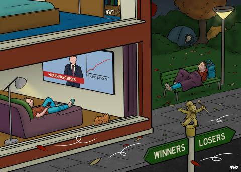 Cartoon showing a street. On one side of the street, we're looking inside a spacious, luxurious house. A man lies on the couch watching the news on TV, which is about the housing crisis. A graph of rising house prices is visible. On the other side of the street is a park. A man lies on a park bench with a blanket over him. In the background, we see homeless people in tents among the trees. There's a signpost with a Monopoly figure on top. A "Winners" sign points to the house, and a "Losers" sign to the park