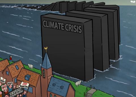 Cartoon showing a village behind a dike. A row of gigantic dominoes stretches out to sea, stretching to the horizon. In the distance, we see falling stones rapidly approaching. The front stone, closest to the dike, is labeled "climate crisis." In the village street, a group of far-right demonstrators is protesting against immigrants. Only two sheep and a young boy on the dike watch the falling dominoes.
