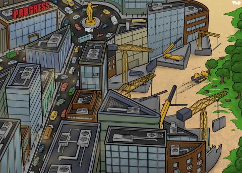 Cartoon showing an urban sprawl with high rises and large roads clogged with cars. At the end of the sprawl we see cranes building new buildings, while trees are cut down and nature is demolished to make room for urban expansion. The urban area has the shape of a giant head with a gaping mouth, with a large roundabout where all the roads converge forming the eye, while the teeth are formed by the cranes and the buildings under construction.