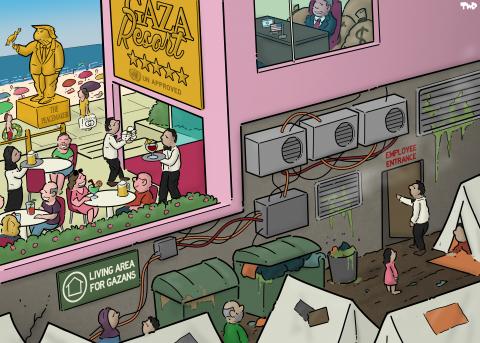 Cartoon showing a luxury 5 star beach-side resort. A golden sign says: ‘Gaza resort, UN approved’. A golden statue of Donald Trump stands in the background. People are drinking and laughing. Behind the resort, among the air conditioner exhausts and trash bins, is a tent camp with a sign ‘Living area for Gazans’. One door leads from the tent camp into the resort; this door is marked ‘Employee entrance’.