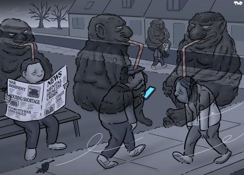 Black-and-white cartoon showing people walking outside on a gloomy December day. They are looking very depressed, with bent backs and looking down. On each of the pedestrians’ backs sits a half-translucent black creature, weighing them down while drinking from their heads with a straw. A depressed person on a park bench (also with a creature sucking at his brain) is reading a newspaper with the headlines: ‘Mental health crisis, ‘Climate crisis’, ‘War imminent’, ‘Housing shortage’