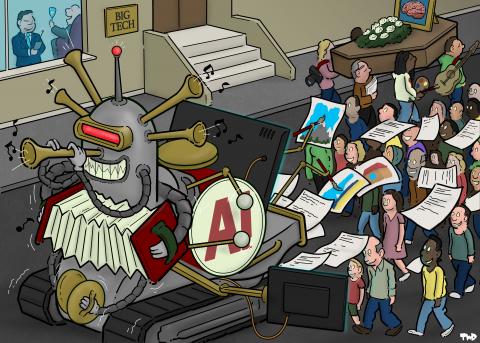 Cartoon showing a one-man-band robot playing a flute, accordion and drums simultaneously, while also featuring large screens and a printer spewing out text documents and pictures. A large mesmerized crowd is following the robot down the street. Heading in the opposite direction we seen a funeral procession; the coffin has a photo of a human brain on it and is carried by a painter, a photographer, a musician and a writer. In the back of the cartoon is a fancy building with a brass sign next to the front door