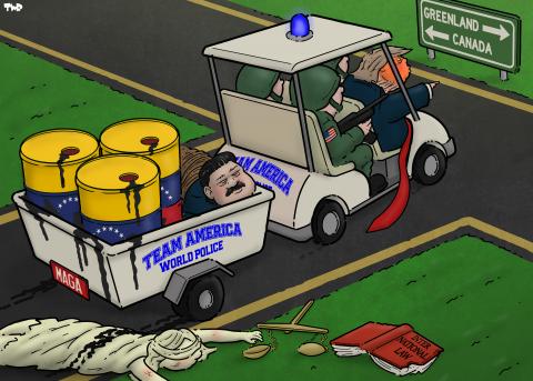 Cartoon showing Donald Trump riding in a golf cart with a blue flashlight on top, together with US soldiers. The cart is pulling a freight cart with Nicolas Maduro tied up in it, as well as a bunch of oil drums. The side of the freight cart reads ‘Team America: World Police’. Behind the cart Lady Justice is lying one the ground; she has just been run over. A book titled ‘International Justice’ has fallen from her hands. Meanwhile, the golf cart has stopped at an intersection with a sign that points to Canad