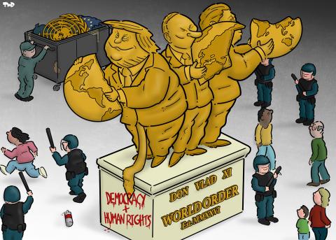 Cartoon showing a monument with golden statues of Trump, Putin and Xi Jinping, each holding up 1/3 of the world. The pedestal of the monument reads:'World Order. Est. MMXXVI'. Riot police stand around, looking menacing, while people fearfully walk around the monument. On the side of the pedestal graffiti reads 'Democracy + human rights'. A woman is running away, having dropped a can of spray paint on the ground; she is being chased by two riot police men waving batons.