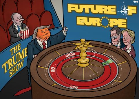 Cartoon showing a game show titled 'The future of Europe'. The two 'O's' in the title are the NATO and the EU logo. Trump is standing at a spinning roulette wheel holding up a small ball. The roulette wheel only has two options where the ball can land: a tiny green segment is labeled 'good', while the rest of the circle is one large red segment labeled 'not so good'. NATO secretary general Mark Rutte and Ursula von der Leyen look at the wheel in despair, while Putin sits in the audience eating popcorn.