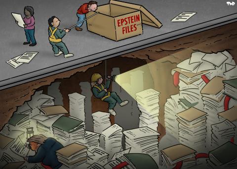 Cartoon showing a cardboard box labeled 'Epstein Files'. A man is holding on to a line, while a woman in cave climber gear is descending into the box by this line. Below the box extends a giant cave filled with files and folders. She hangs in the middle of the cave, shining a flashlight at some of the files and on a red tie that is hanging out one of the folders. We catch glimpse of the red tie between all the files and eventually it leads to a sweating Donald Trump, who is hidden behind stacks of files and