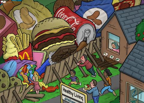 Cartoon showing a village with a sign that reads 'Healthy Living - welcome!'. Next to the houses of the village is a fence that is trying to keep back a flood of giant fast food (including a giant hamburger, a bar of chocolate, giant cookies and a giant can of coke) that is threatening to overrun the village like an avalanche. People are running to put extra poles as support against the fence. At one spot, the fence has already collapsed, and candy is spilling into the village.