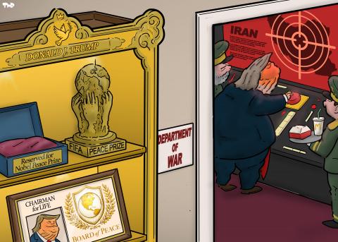 Cartoon showing a trophy cabinet has an ornate top with the name 'Donald J. Trump'. In the cabinet, we see the FIFA Peace Prize, a frame with the logo of the Board of Peace with the image of Donald Trump and the text 'Chairman for Life', and a display case with the label 'Reserved for Nobel Peace Prize'. Next to the cabinet is an open doorway with a sign 'Department of War'. Through the doorway, we see a war room with Trump and a green with the map of Iran.