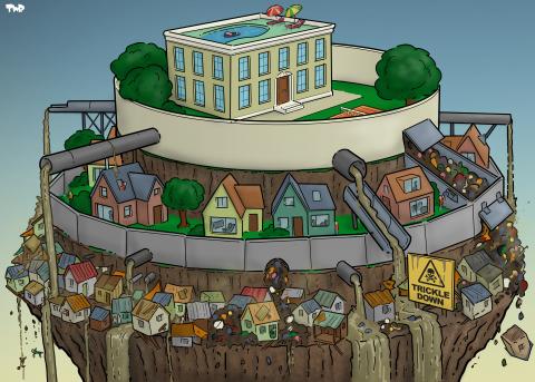 Cartoon showing a mountain with three tiers. The top of the mountain is flat and forms the first tier; a villa stands here with a pool on the roof; a lawn with trees and a tennis court surrounds it, as well as a high wall. The second tier is also surrounded by a wall and consists of middle class houses. The lowest and smallest tier is crammed full of slum dwellings. Sewer pipes and garbage chutes jut out from the first and second tier and rain down brown sludge and garbage onto the slums on the third tier.
