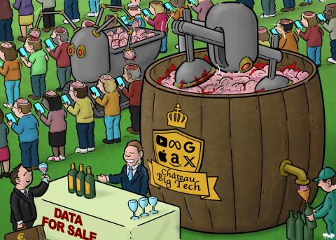 Cartoon showing a vineyard. Instead of vines, there are rows of people standing looking at their smartphones. A robot is harvesting their brains, picking them out of their skulls and dropping them into a cargo bed. Another robot is stamping all the brains into a fine mush in a giant wooden barrel. The barrel has a logo of a golden shield with a crown above it, with the logos of Meta, X, Amazon, YouTube and Google on it, and the text ‘Château Big Tech'. A worker is filling bottles from a tap at the bottom of