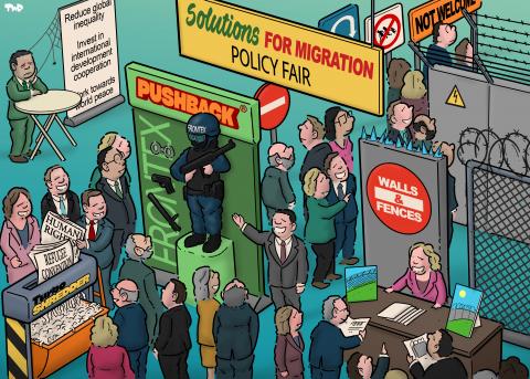 Cartoon showing a policy fair with a sign that reads 'Solutions for migration'. We see several exhibitions with vendors giving demonstrations to policy makers. One vendor is demonstrating the 'Turbo shredder' by shredding documents labeled 'Human rights' and 'Refugee convention'. Yet another is showing off different kinds of walls.One stall to the side draws no attention at all; a banner standing next to a dejected vendor reads 'Reduce global inequality; invest in international development cooperation'