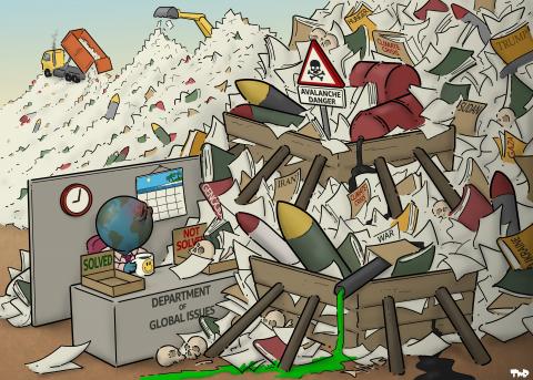 Cartoon showing an office worker with a head in the shape of the earth working at a desk, labeled 'Department of global issues'. On one side there is an empty tray labeled 'SOLVED'; on the other side of the desk, a tray labeled 'NOT SOLVED' is overflowing to the extent that a mountain of folders and files has formed on that side. Halfway of the mountain is a sign of a skull that reads 'Avalanche danger'. Some of the files are labeled 'Genocide', Climate crisis', 'Iran', 'Gaza' and 'war'.